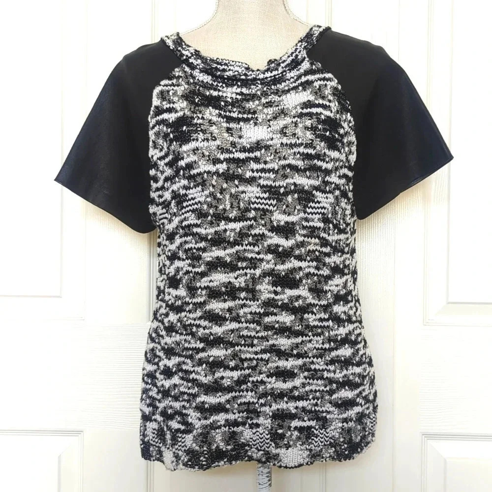 Social-Work NY Black and White Knit Blouse with Faux leather Sleeves